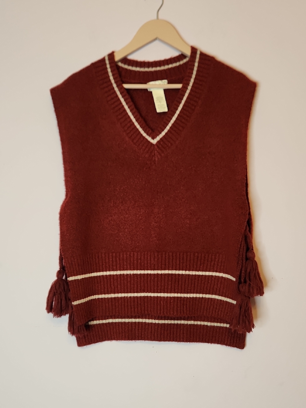 FREE PEOPLE All Star Strip Poncho Sweater Vest in Burgundy, size OS - Picture 3 of 8